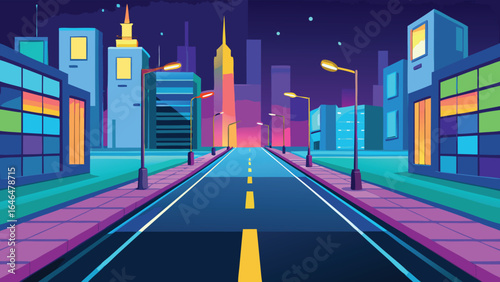 Nighttime city street with colorful buildings and streetlights