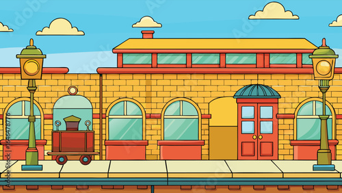 Cartoon train station building with arched windows
