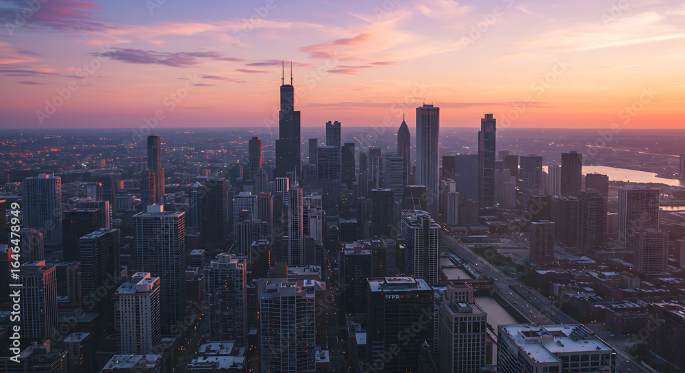 Fototapeta premium Chicago Skyline with Peach and Light Purple Sunset 3D Cityscape for Modern Wallpapers
