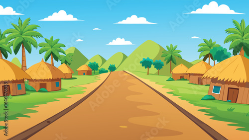 Rural village road palm trees green hills cartoon vector