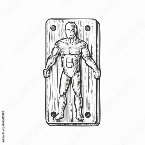 Human man toy construction vintage engraving sketch illustration with detailed retro line art of a miniature male figure for building sets or model play, perfect for toy design themes,