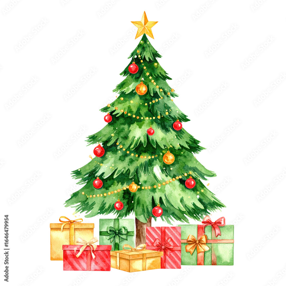 Obraz premium Decorated Christmas tree with red and gold ornaments, yellow star topper, and wrapped gift boxes in red, green, and gold colors underneath