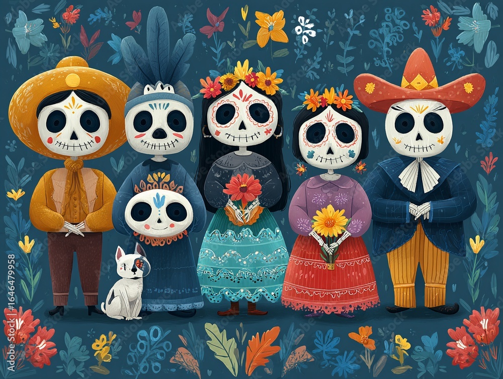 Obraz premium Colorful Day of the Dead Family Illustration with Pets