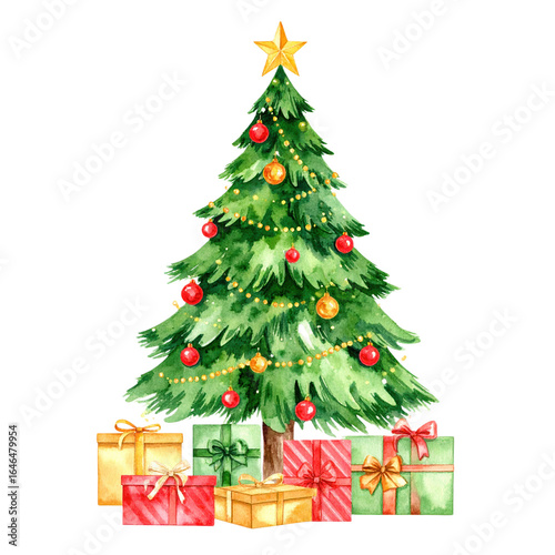 Decorated Christmas tree with red and gold ornaments, yellow star topper, and wrapped gift boxes in red, green, and gold colors underneath