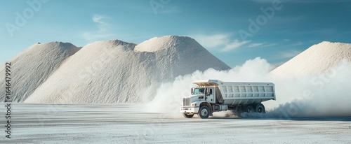 White Dump Truck Driving Through a Dusty Salt Flat