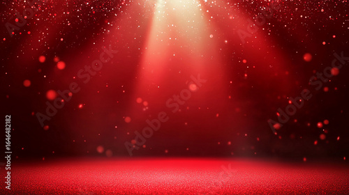 Red glitter background with light beams and sparkling particles festive backdrop © Tohamina