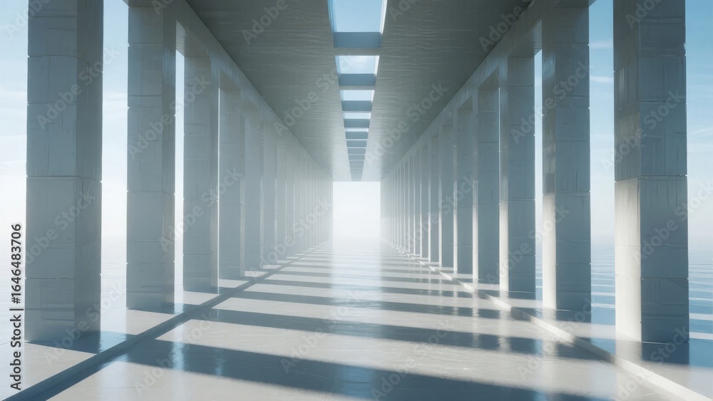Fototapeta premium Modern colonnade corridor with symmetrical columns and a bright light at the end