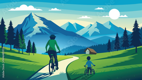 people enjoy a bike ride in the mountains, navigating a winding path with impressive mountain views all around..eps