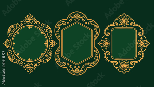 A collection of ornate gold decorative frames and borders arranged artistically on a neutral background..eps