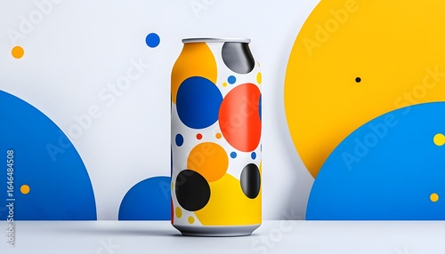 Vibrant pop art inspired energy drink can with bold color dots
