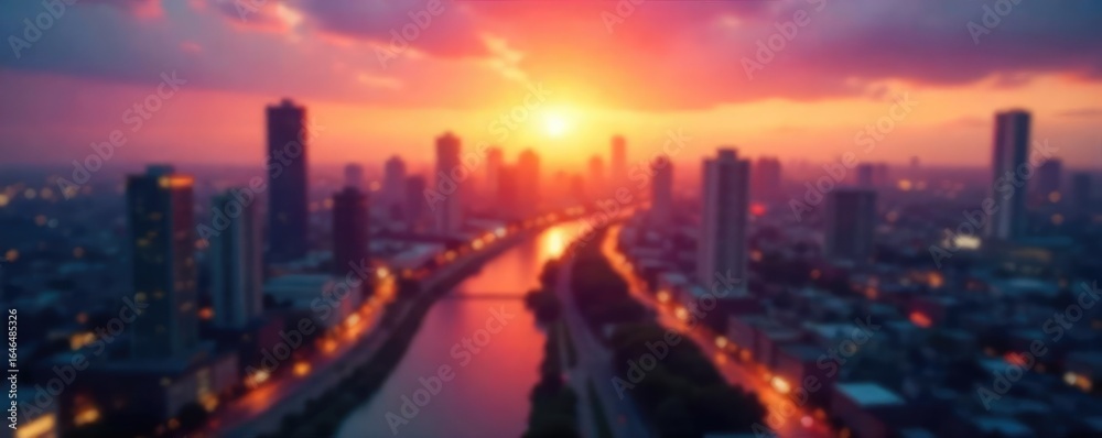Fototapeta premium A blurred cityscape at sunset, symbolizing the ephemeral nature of time and the passing of moments into the future A sense of hopeful anticipation hangs in the air , hope, color