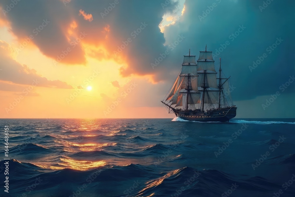 Fototapeta premium A lone, majestic ship sails across a vast, deep blue ocean under a dramatic sky, embodying leadership and navigating the unknown , vessel, current, navigation