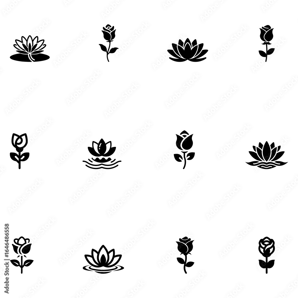 Obraz premium Elegant collection of lotus and rose silhouettes isolated on white background This image presents a beautiful collection of lotus and rose silhouettes, each carefully designed and set against