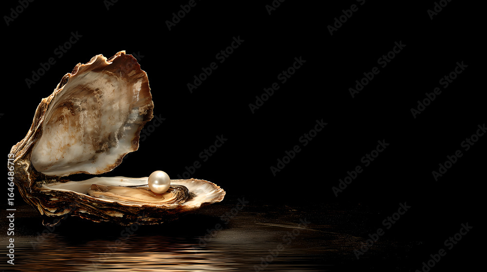 Naklejka premium A single, radiant pearl rests in the center of a beautiful, glistening oyster shell on a black, reflective surface.