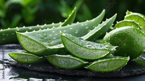 Aloe vera leaves and slices with lime on a dark surface close up.