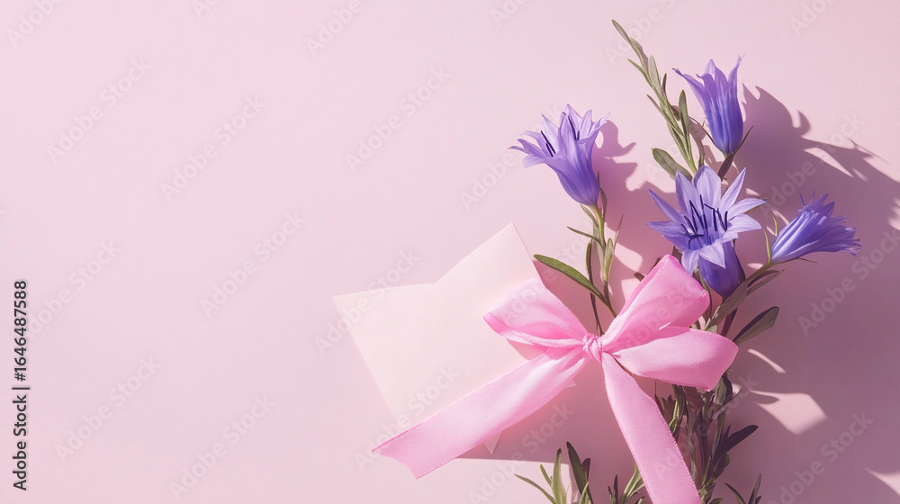 Fototapeta premium Pink background with purple flowers and a pink ribbon tied bow on a blank note