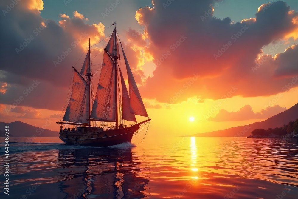 Fototapeta premium Classic wooden sailboat gracefully gliding on calm waters at sunset, masts silhouetted against the fiery sky A timeless image of nautical elegance and adventure , sailboat, history, rigging