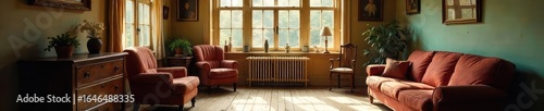 Cozy vintage house interior, sunlit living room with antique furniture and worn wooden floors Warm, inviting atmosphere perfect for home decor and lifestyle projects , furniture, design, light