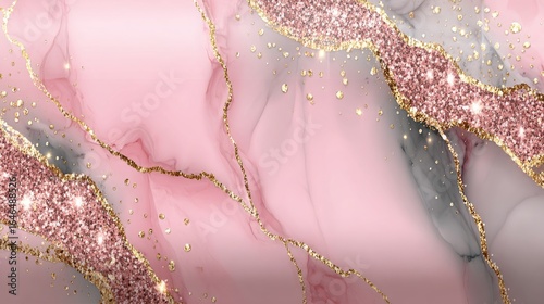 Elegant pink and gray marble texture with rose gold glitter