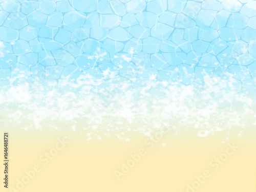 砂浜の波打ち際イメージの背景素材。手描きの水彩風テクスチャーとゆらゆらした透き通った水面の輝きのイメージ。爽やかなうっすらした水色。波打ち際の泡立った様子。