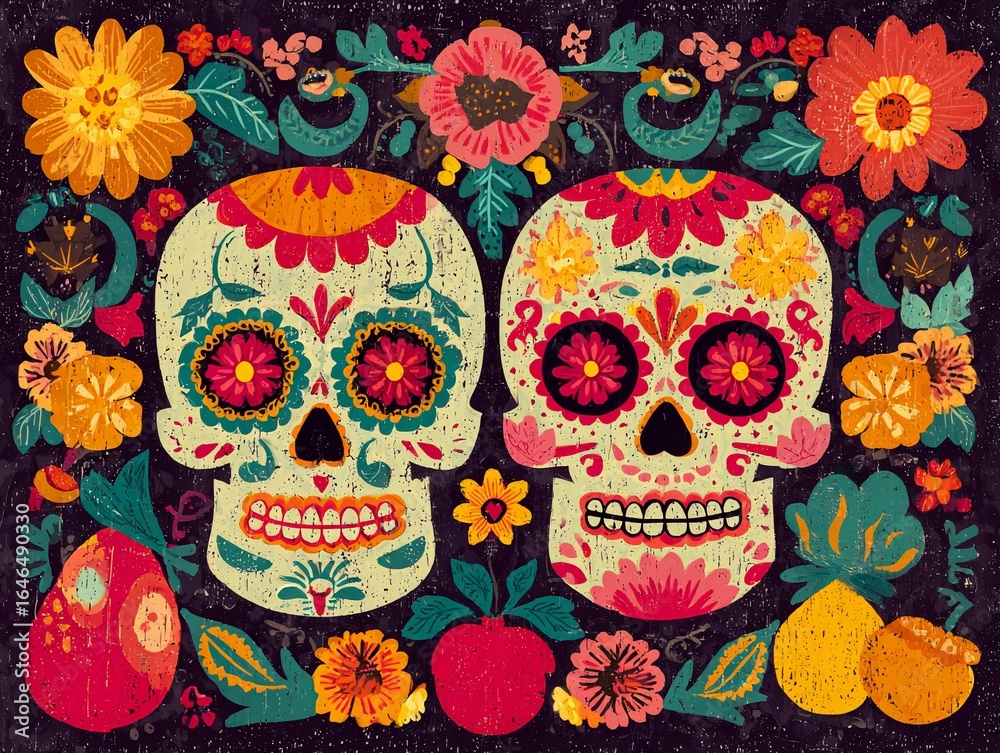 Vibrant Day of the Dead Sugar Skulls with Flowers and Guitars