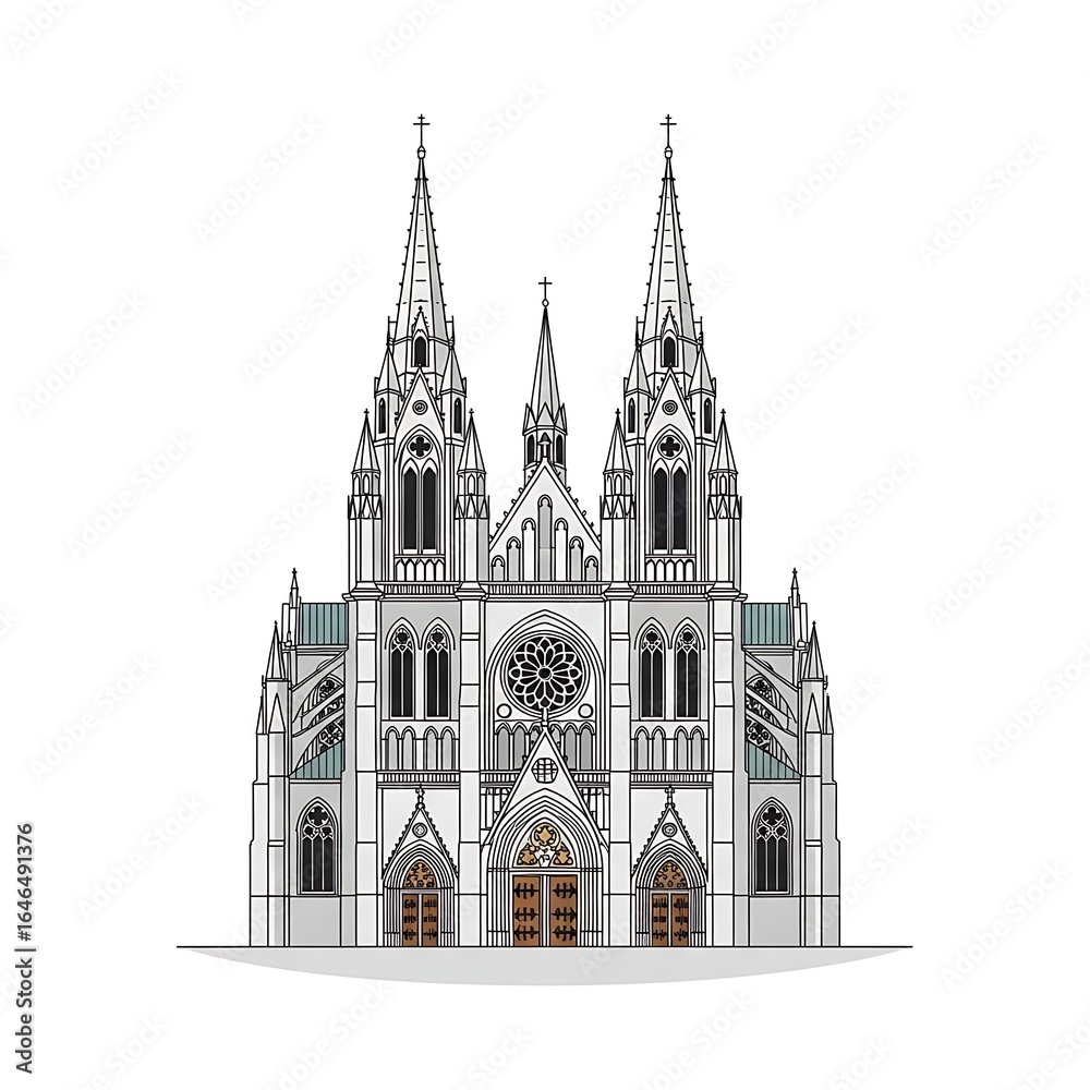 Fototapeta premium Stunning vector illustration of a grand gothic cathedral with intricate architectural details against a clean white backdrop