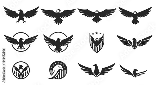Collection of 12 vector eagle logos, perfect for branding projects needing a powerful, majestic, and versatile emblem, available as high-resolution PNG files.