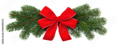 Christmas decoration with isolated red bow on green pine branch on transparent background