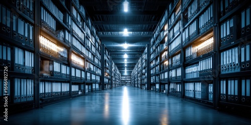 Long aisle of shelves filled with folders in a large archive or records storage facility