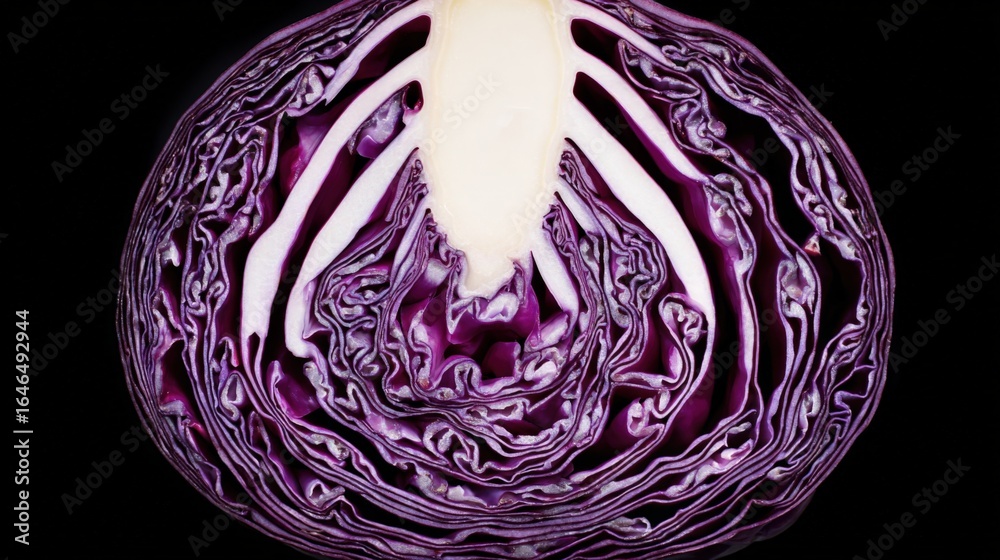 Obraz premium Cross Section of a Vibrant Red Cabbage Head Displaying Intricate Layers and Textures on Black Background