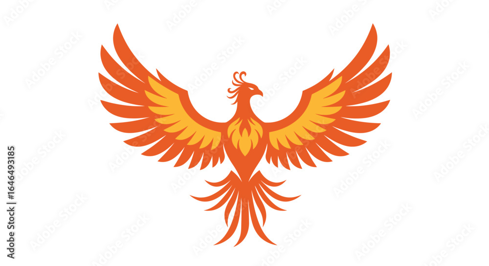 Obraz premium Majestic orange phoenix vector illustration, perfect for logos, emblems, and designs needing a powerful, mythical bird PNG image.