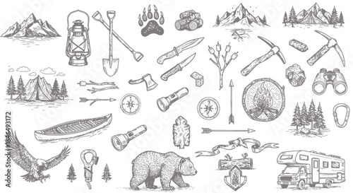 A detailed collection of hand-drawn outdoor adventure and camping elements, including wildlife, tools, and landscapes, perfect for rustic designs.