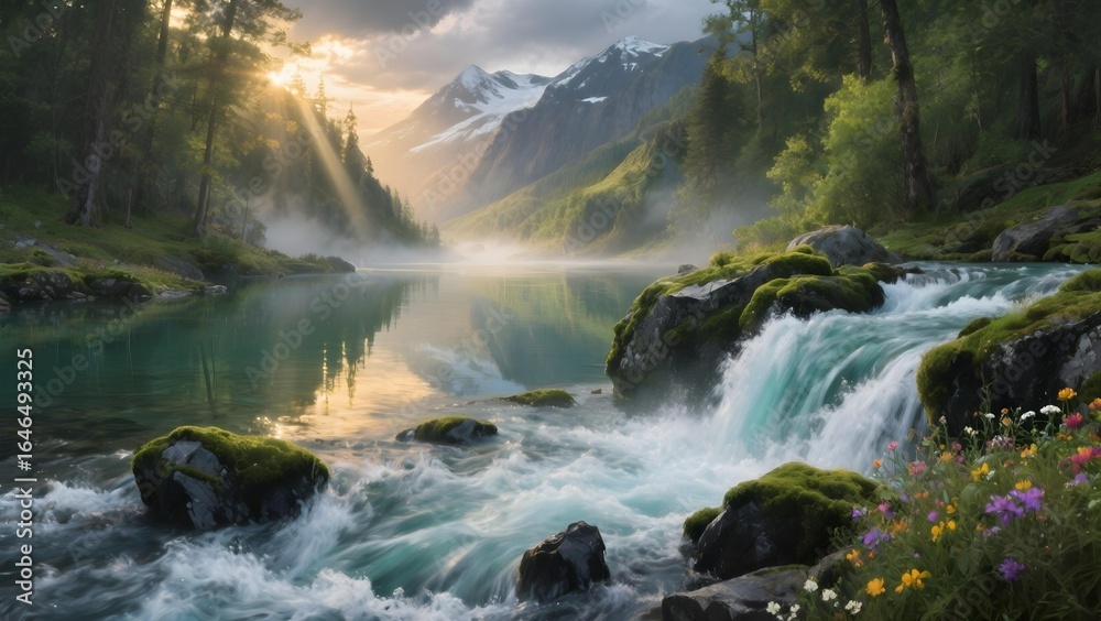 Fototapeta premium Serene Mountain Lake with Cascading Waterfall and Sunlit Forest Reflections landscape