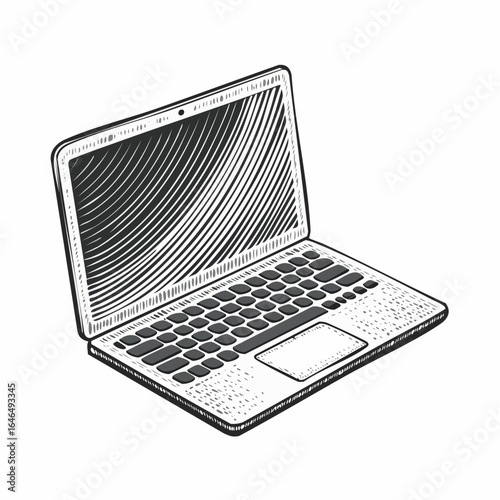 Professional laptop vintage engraving sketch illustration with detailed retro line art of a portable computer, perfect for business themes, technology designs, vintage office prints, 