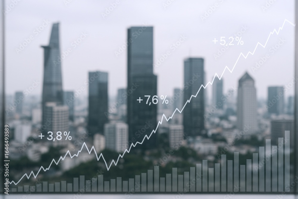 Fototapeta premium Financial Growth Chart Overlaying a Modern Cityscape: Business Expansion and Investment Opportunities Visualized