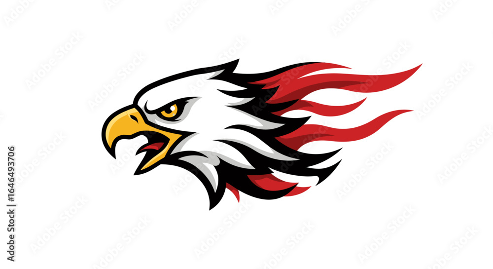 Obraz premium Fiery eagle head vector illustration, perfect for logos, emblems, and designs needing a powerful, fiery PNG image. Download this high-quality vector graphic for your projects today!