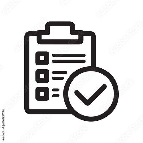 Black Checklist Icon with Check Mark in Circle for Task Management