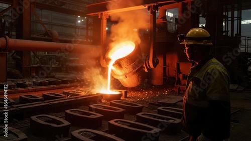 Molten Metal Pouring at Industrial Foundry with Workers, Dramatic Production Scene at a Smelting