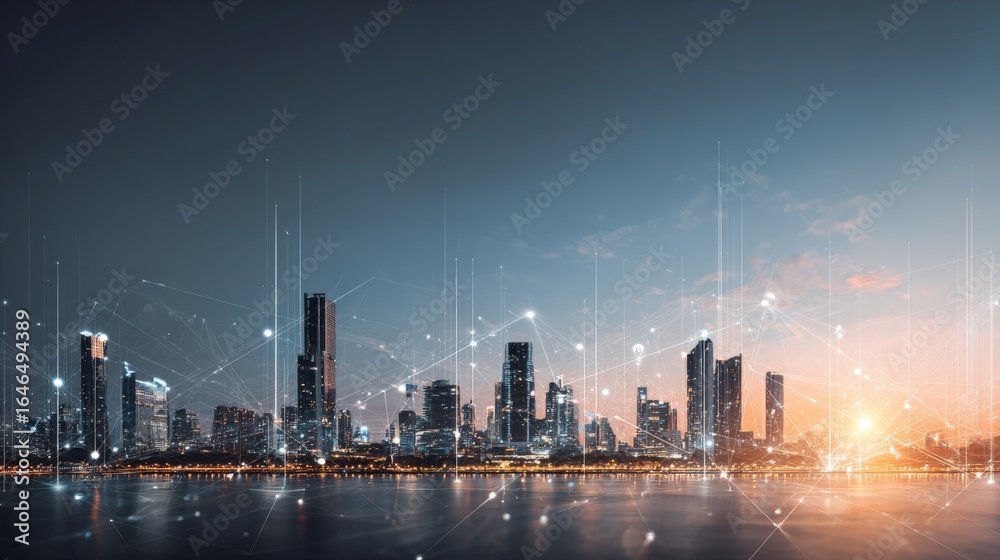 Obraz premium Modern Cityscape at Night with Digital Network Overlay, Representing Connectivity, Technology, and Global Communication
