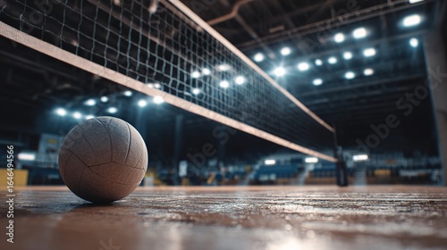 Volleyball on gym floor with net in background. Low-angle shot in indoor sports arena. Competitive sports and teamwork concept. Design for poster, banner. High quality