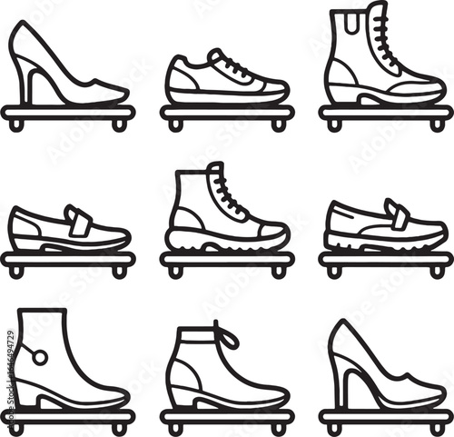Collection of shoe icons in black and white outline style on white background footwear boot