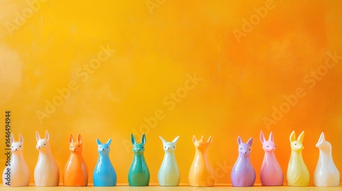 Row of Colorful Ceramic Animal Figurines Against a Vibrant Yellow Background
