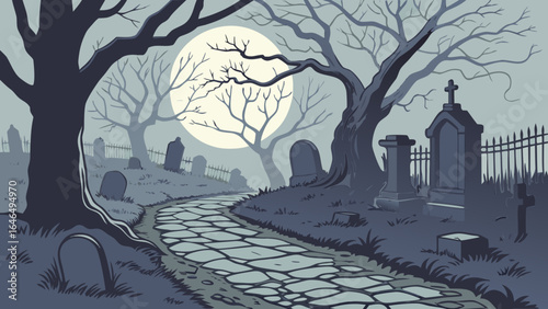 Cemetery vector illustration with tombstones and trees under moon light for halloween background design use