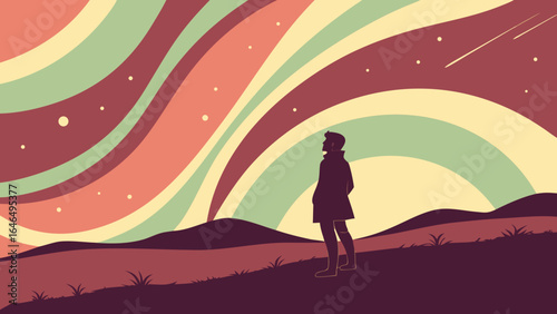 Man watching night sky landscape illustration with aurora borealis and shooting star vector graphic design