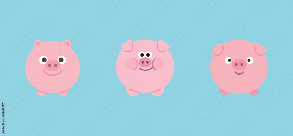 Fototapeta premium A set of three different cute pink pig cartoon characters, each with a happy and smiling expression on a blue background.
