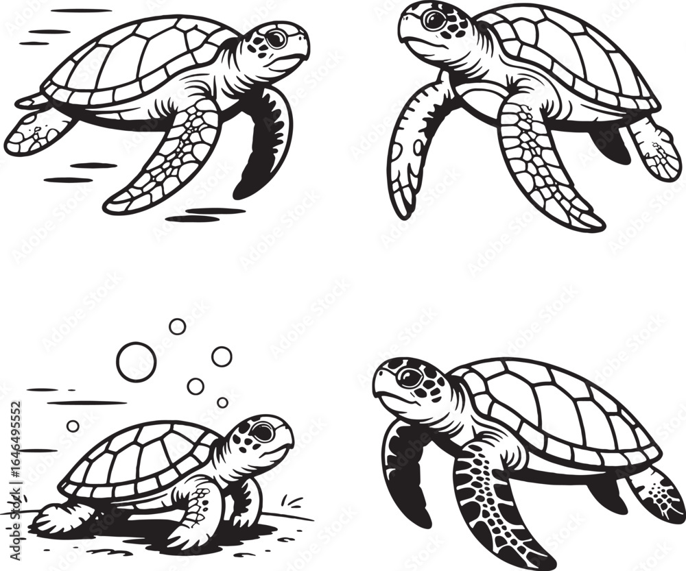 Fototapeta premium Turtles Swimming and Diving in Water Black and White Illustrations