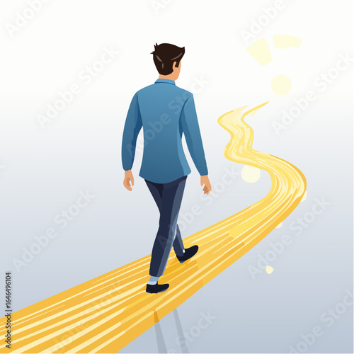  A surreal conceptual vector illustration of a person walking, and their footprints