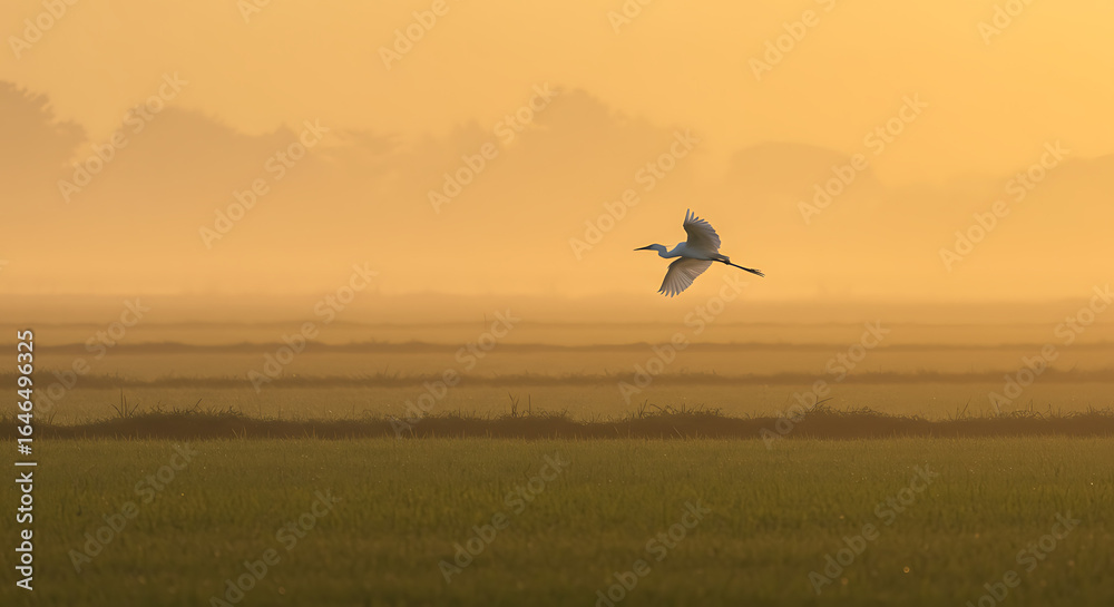 Fototapeta premium A serene Great Egret gracefully soars through a misty, golden sunrise over a tranquil rice paddy field.