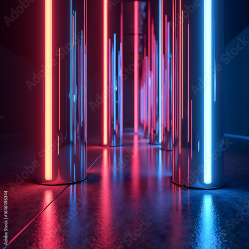 Futuristic neon corridor with red-blue glowing pillars and polished reflective floor—sleek high-tech tunnel perspective, symmetrical abstract background with copy space for product or text.