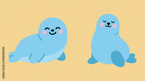 Two cute blue cartoon seals, one lying down and one sitting up, with happy smiling and sleeping expressions.